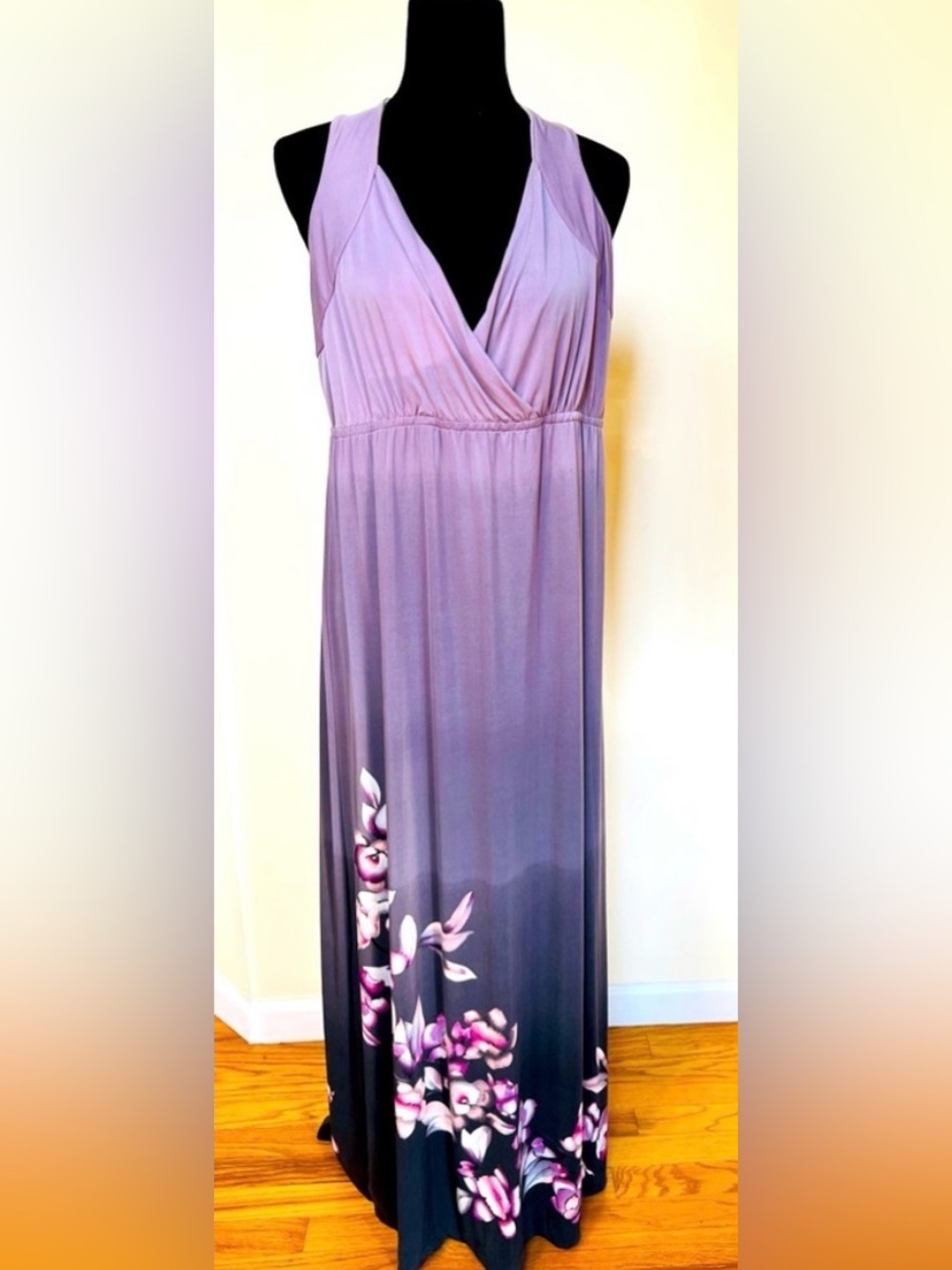 Soma Lavender to Gray Ombre Maxi Dress with Pink Floral Accent